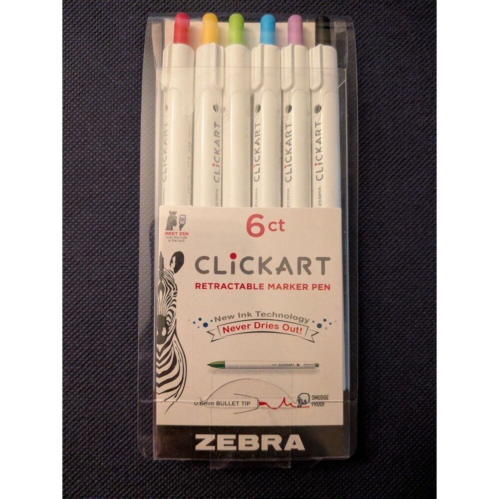 Zebra ClickArt Retractable Marker Pen 6 Count Assorted Colors Bullet Journal NEW
